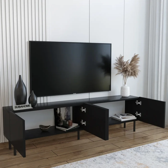 Minimalist 160cm Black TV Unit with Iron Legs - Modern Design